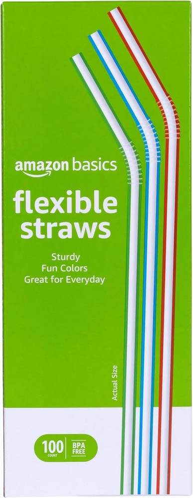 Amazon Basics Disposable Striped Plastic Flex Straws, Assorted Colors, 100 Count