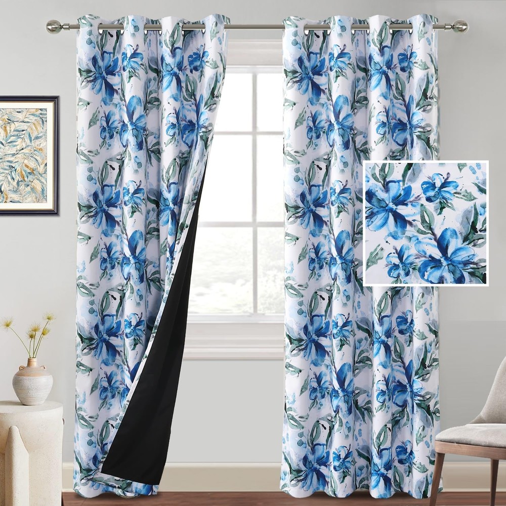 Floral Printed 100% Blackout Curtains for Bedroom 84 Inches Long Blue and Gre...