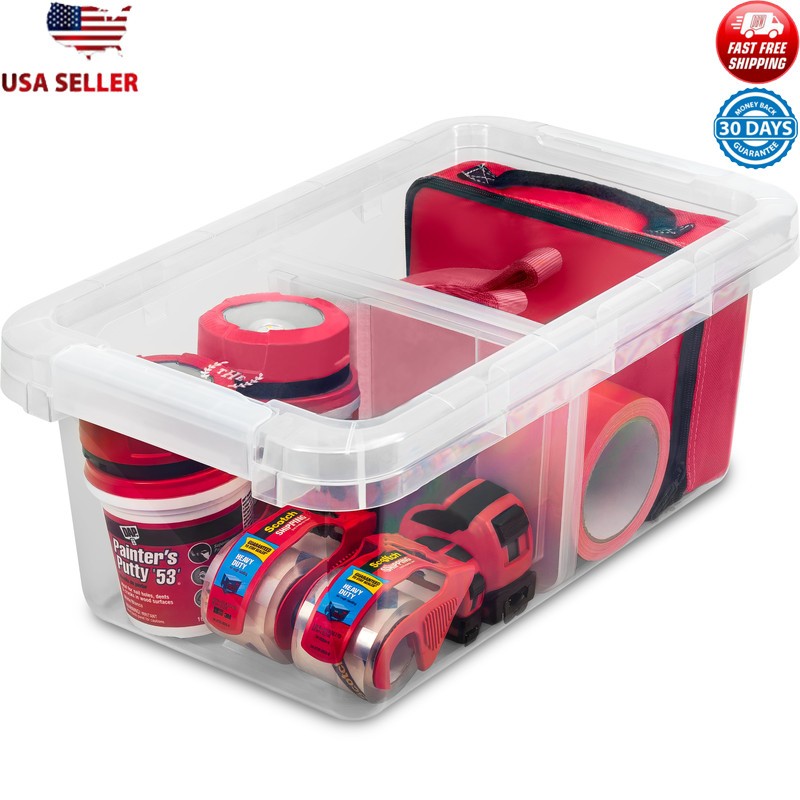 4-Piece Stackable Clear Plastic Storage Bins with Removable Dividers for Organization