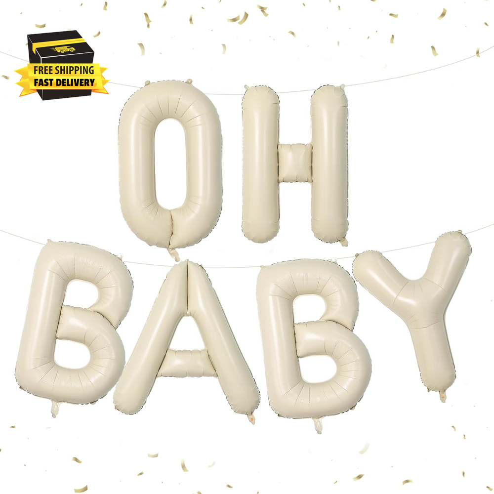 40 Inch OH BABY Letter Balloons, Big Beige BABY Foil Balloons, 6 Pcs Giant Alpha