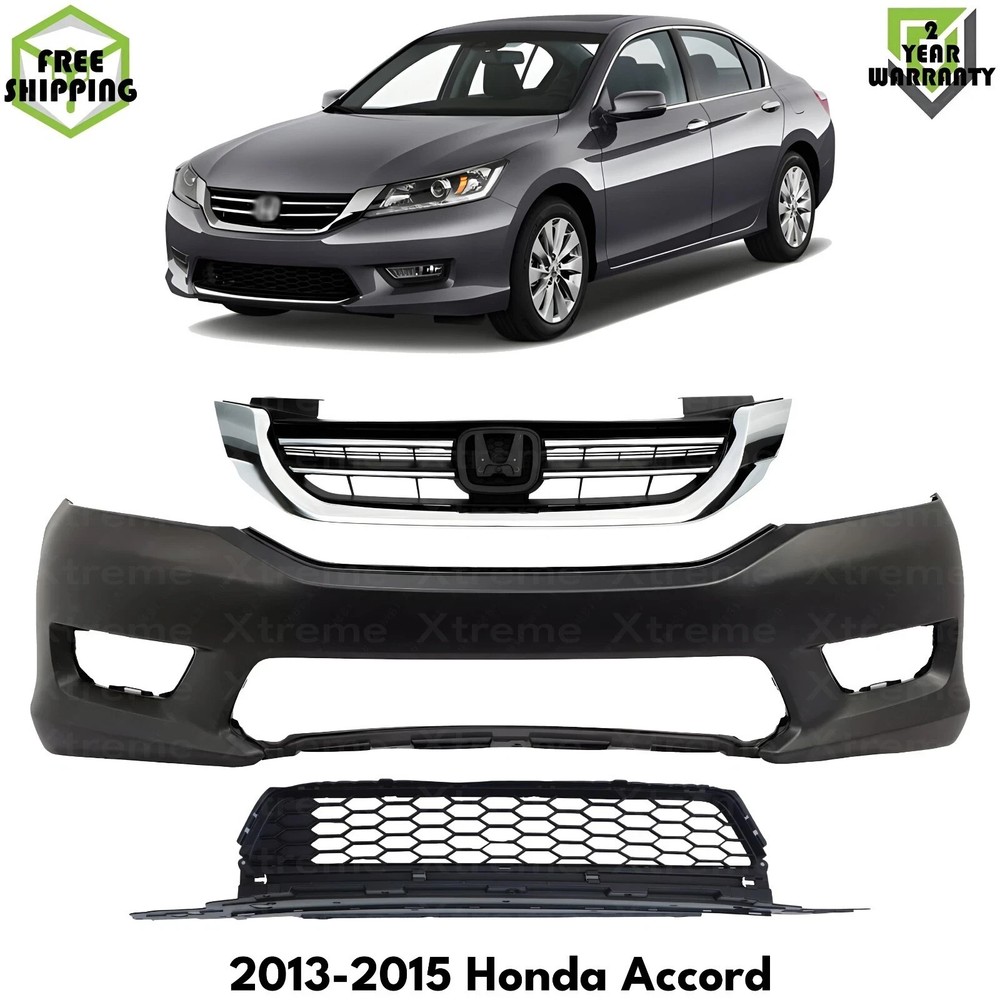 Front Bumper Cover Paintable & Grille Assembly Kit For 2013-2015 Honda Accord