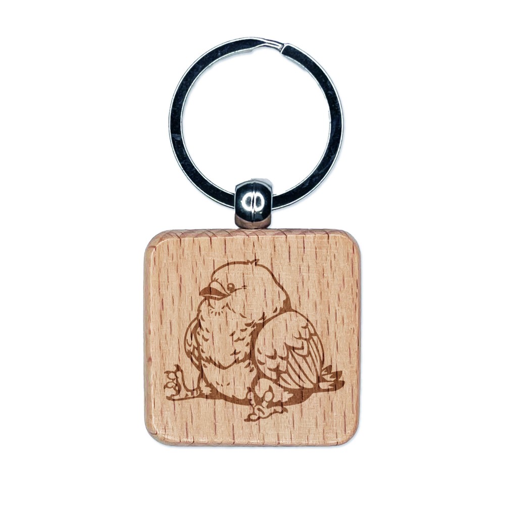 Chubby Bird Engraved Wooden Keychain Charm Square Tag