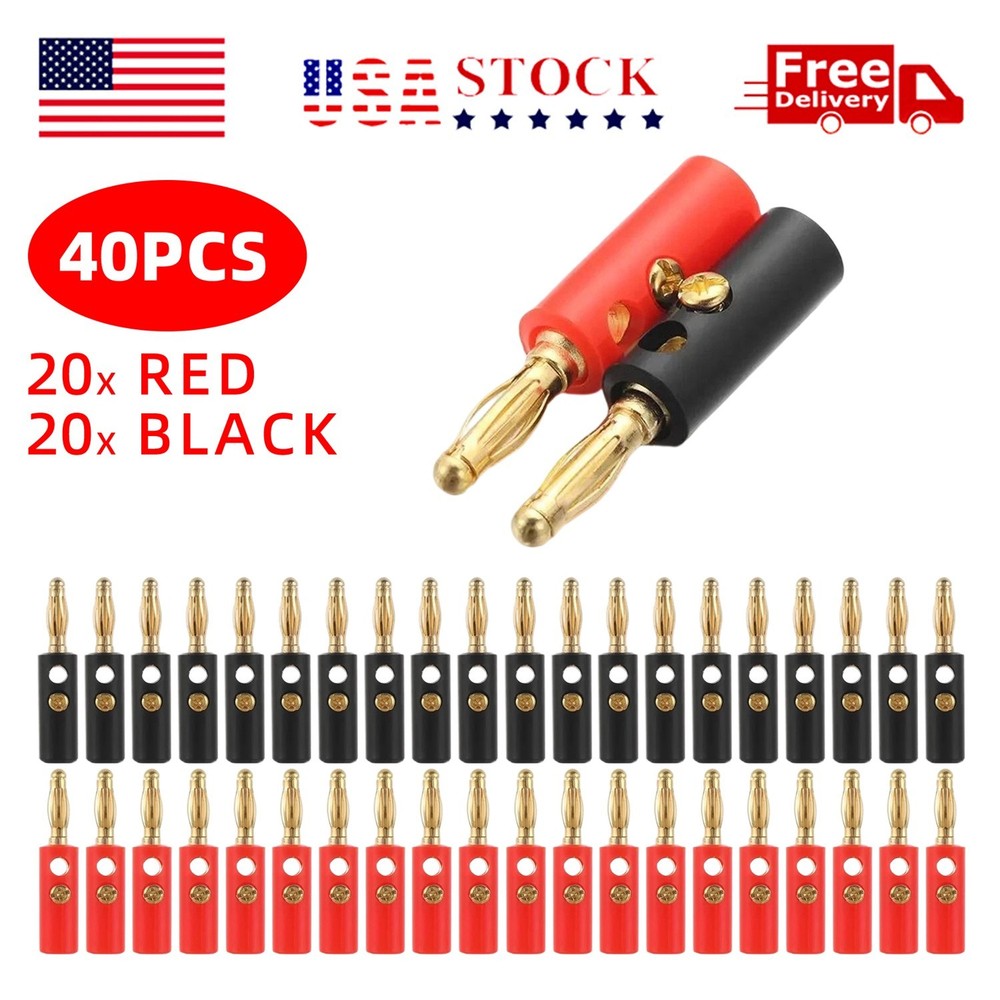 40PCS 4mm Gold Plated Banana Plugs Audio Jack Speaker Wire Cable Screw Connector