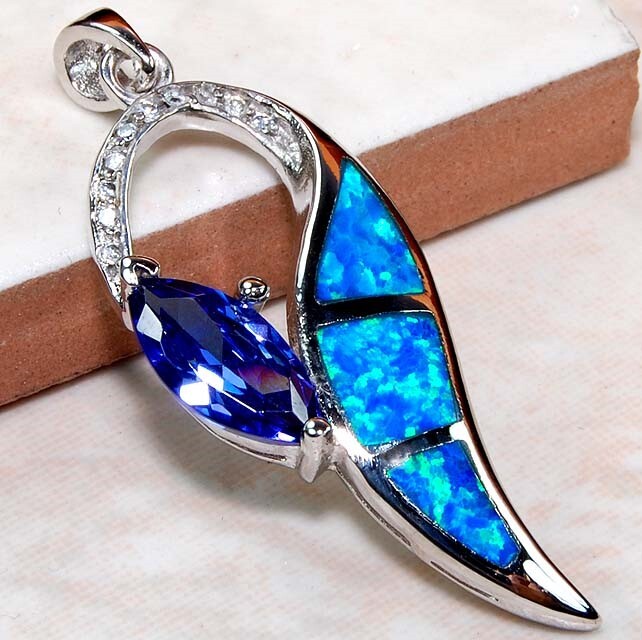 Treated Blue Sapphire & Australian Opal 925 Sterling Silver Pendant GA8