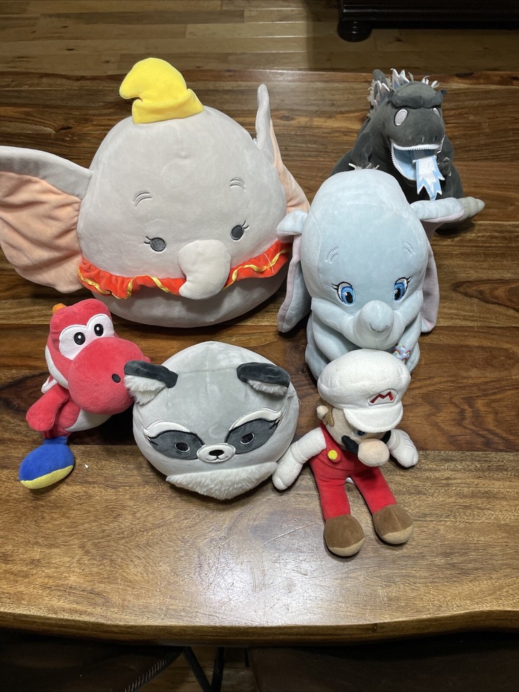 Plush. Disney. Squishmallow. Dumbo. Mario. Yoshi. Godzilla Zipper Mouth. Raccoon