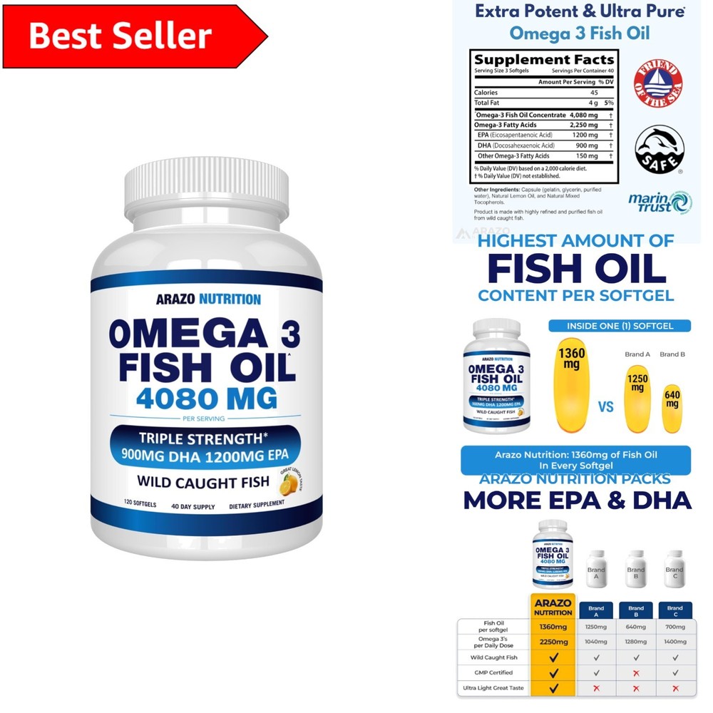 Wild Caught Omega-3 Fish Oil Softgels – 120 Burpless Caps for Daily Health Support