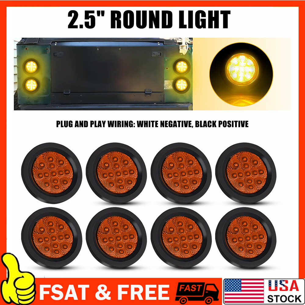 2.5-Inch Round 13-LED Amber Flush Mount Side Marker Light for Trucks, Trailers, and RVs – Durable Clearance Light with 8x Mounting Holes