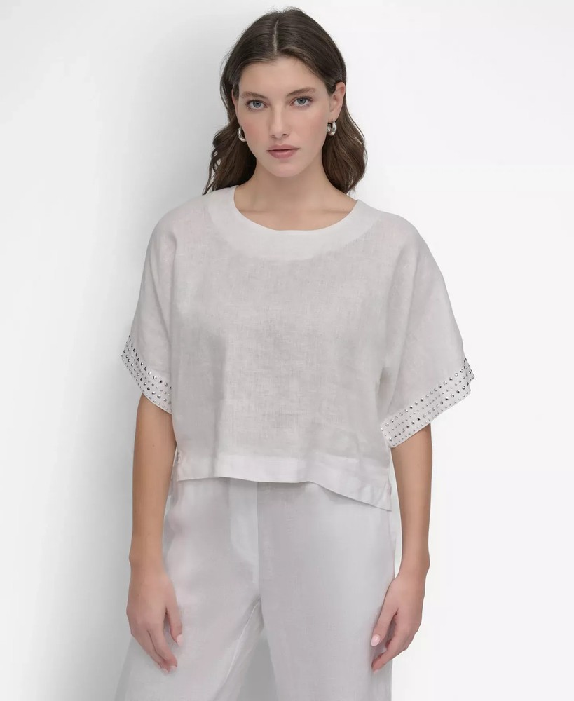 DKNY Women's Top Sz L Cropped Short-Sleeve Studded Linen