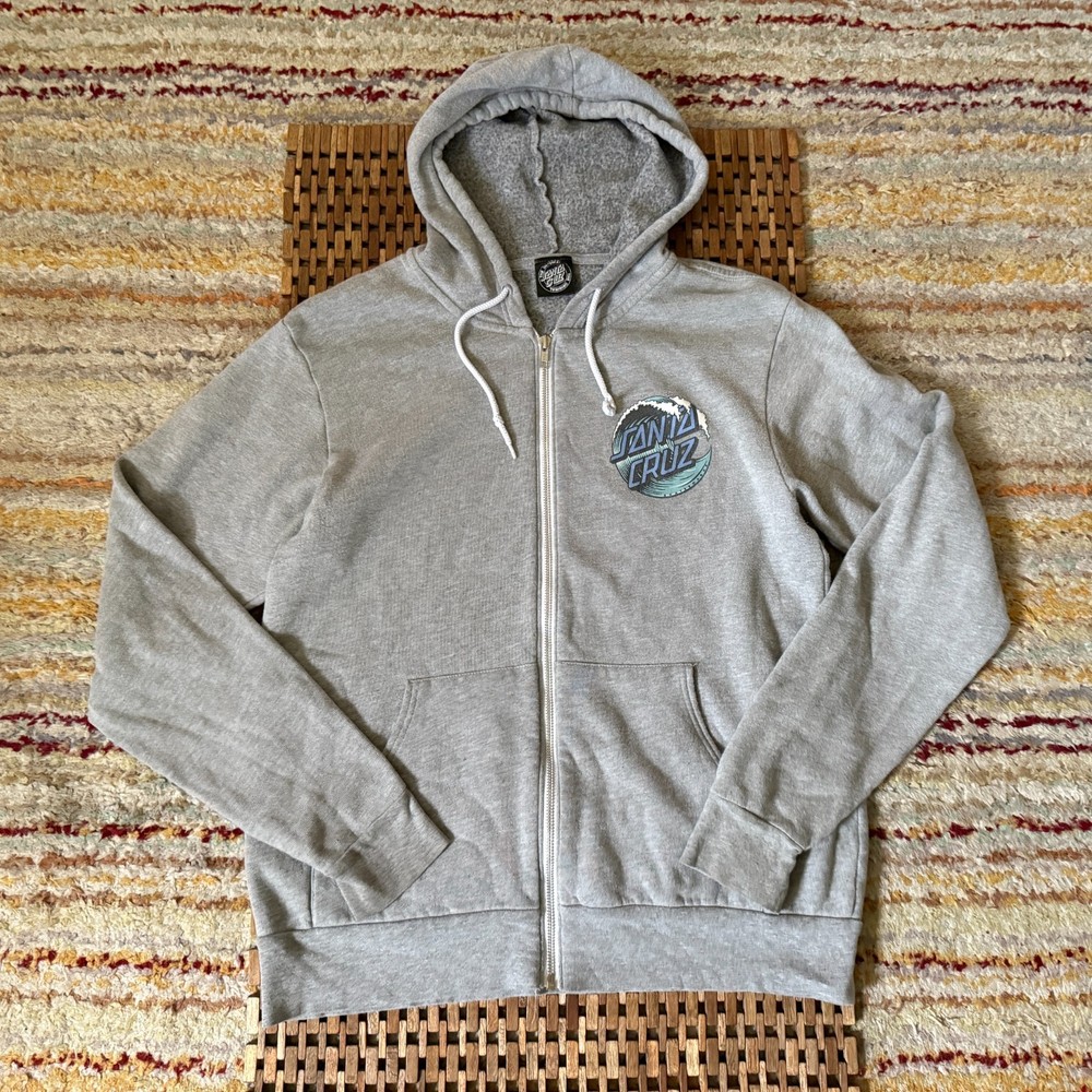 Santa Cruz Wave Graphic Print Full Zip Hoodie Hoody Jacket Grey Blue Medium M