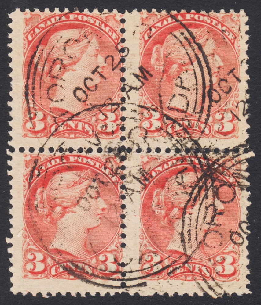 CANADA 41 Used 3c vermilion Small Queen BLOCK OF 4
