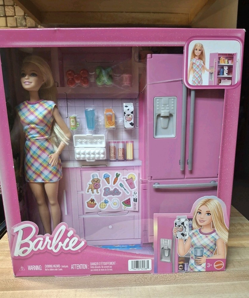 Barbie Pink Kitchen Refrigerator Double Doors w/acc●Blond Hair Doll/Plaid Outfit