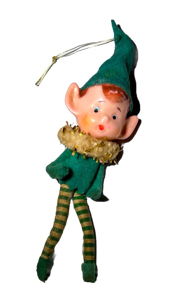 Vintage Green Posable Rubber Face Japan Knee Hugger Christmas Pixie Elf Ornament  