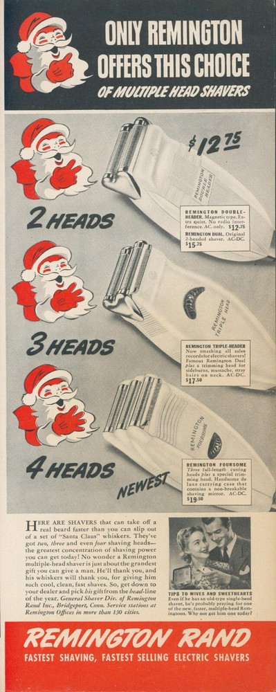 1941 Remington Rand Shaver Santa Claus Up To 4 Heads Vintage Print Ad L9