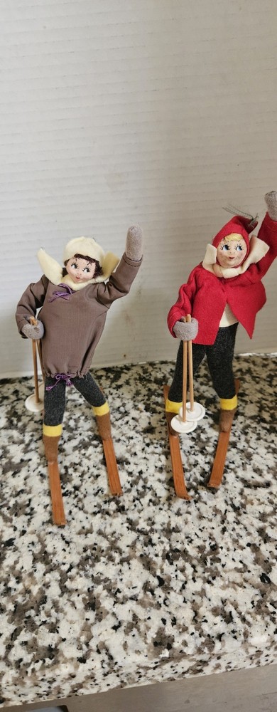 VTG Rare 1940s 2 German/Japanese Felt Holiday Skiers Excellent Vintage...