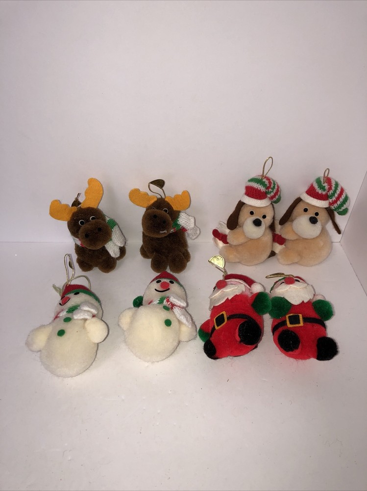 Vintage R Dakin 1984 Plush Christmas Ornaments, Santa, Snowman and Reindeer 8PC