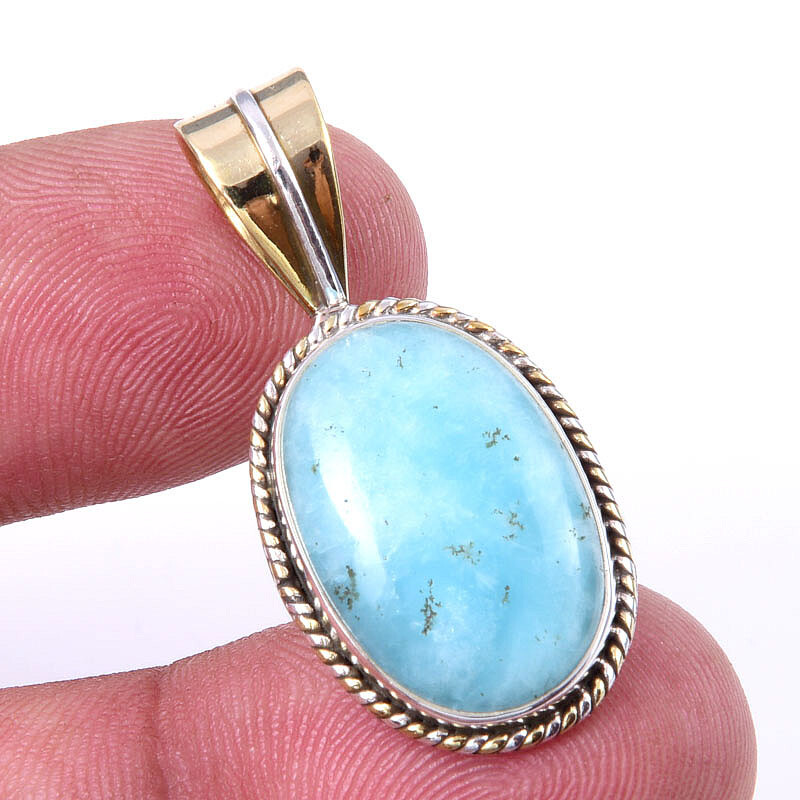 Amazonite Gemstone 925 Sterling Silver Two-Tone Pendant 1.5 Inch