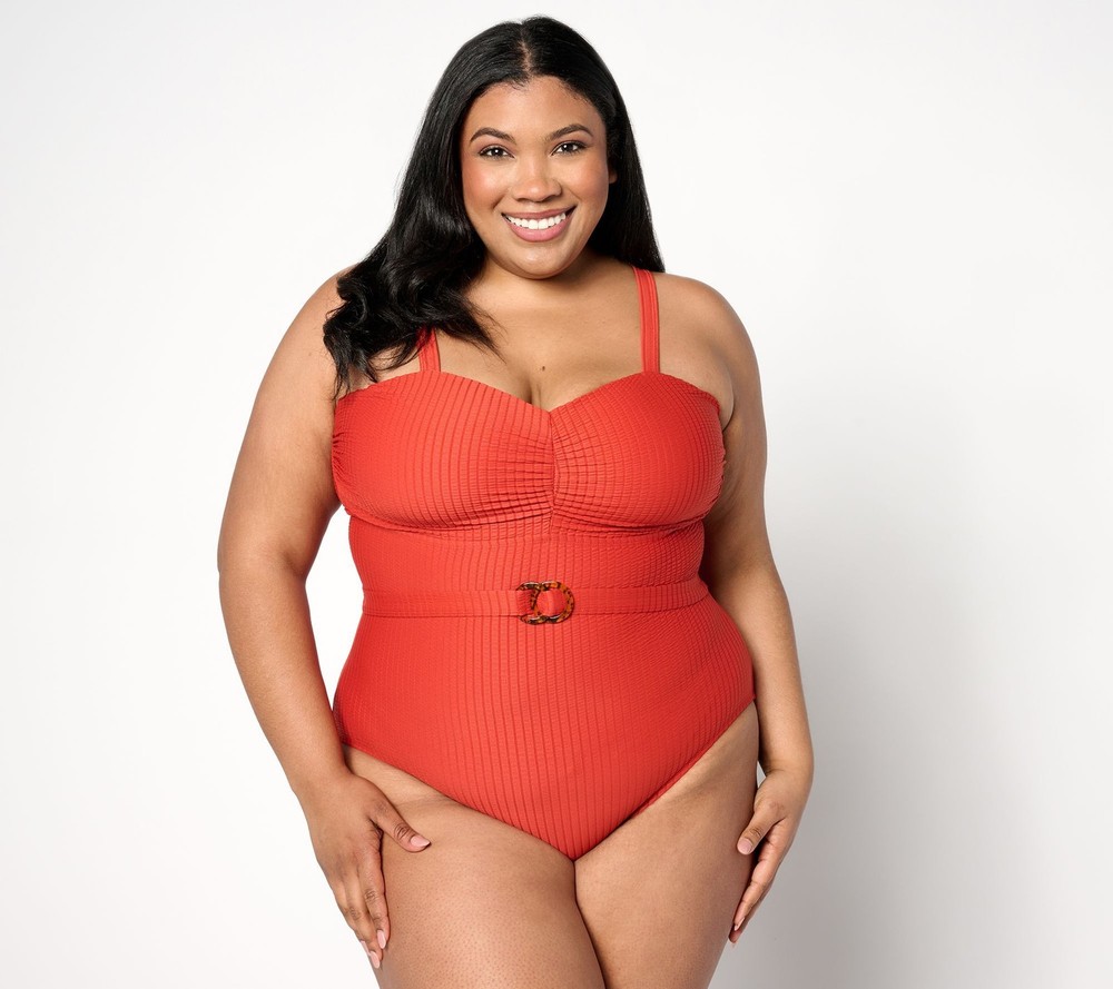 Susan Graver Women's Swimsuit Sz 16 Soleil Ruched Front Belt Orange A636613