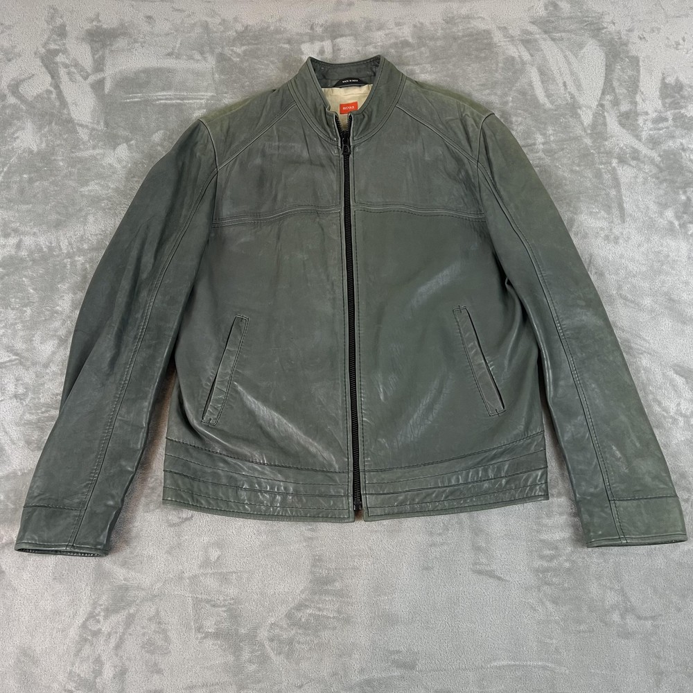 Hugo Boss Jacket Mens 44 Green Lamb Leather Biker Jos1-W Orange Lining