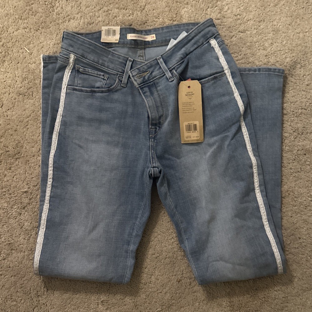 Levis Sculpt Classic Mid Rise Skinny Silver Side Strip Womens Jeans 28 30 L NWT