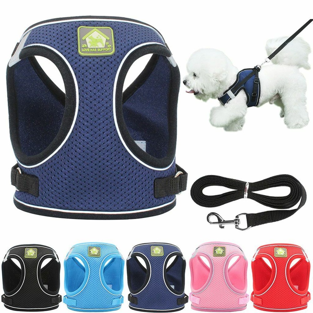 Small Dog Breathable Mesh harness Vest Collar soft chest strap XXS-L Leash set