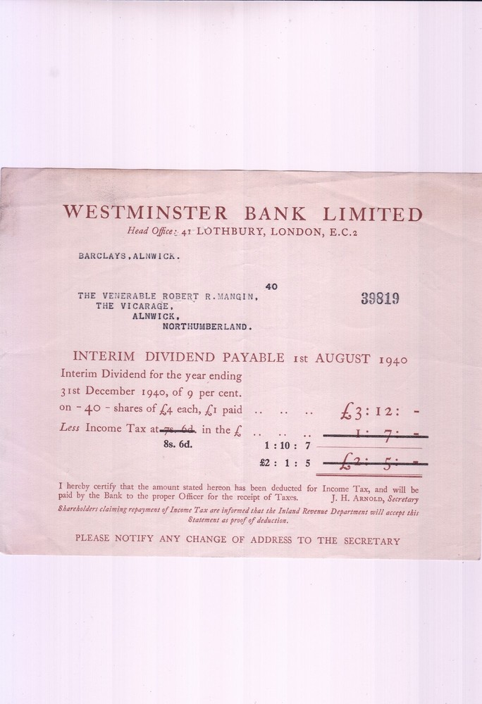 WESTMINSTER BANK LIMITED, London August 1940 Interim Dividend Voucher Ref 48151-image