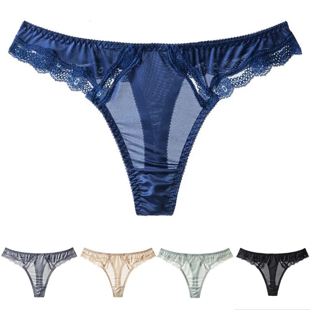 Glossy Ice Silk Lace Women Sexy Lingerie Yoga Fitness Brief Black M XL