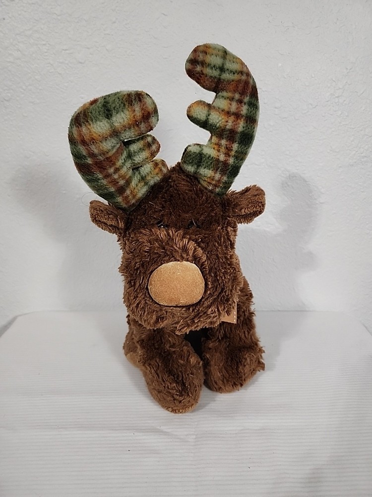 Russ Berrie Marty Moose Plush Brown W/Plaid Antlers Stuffed Animal 11