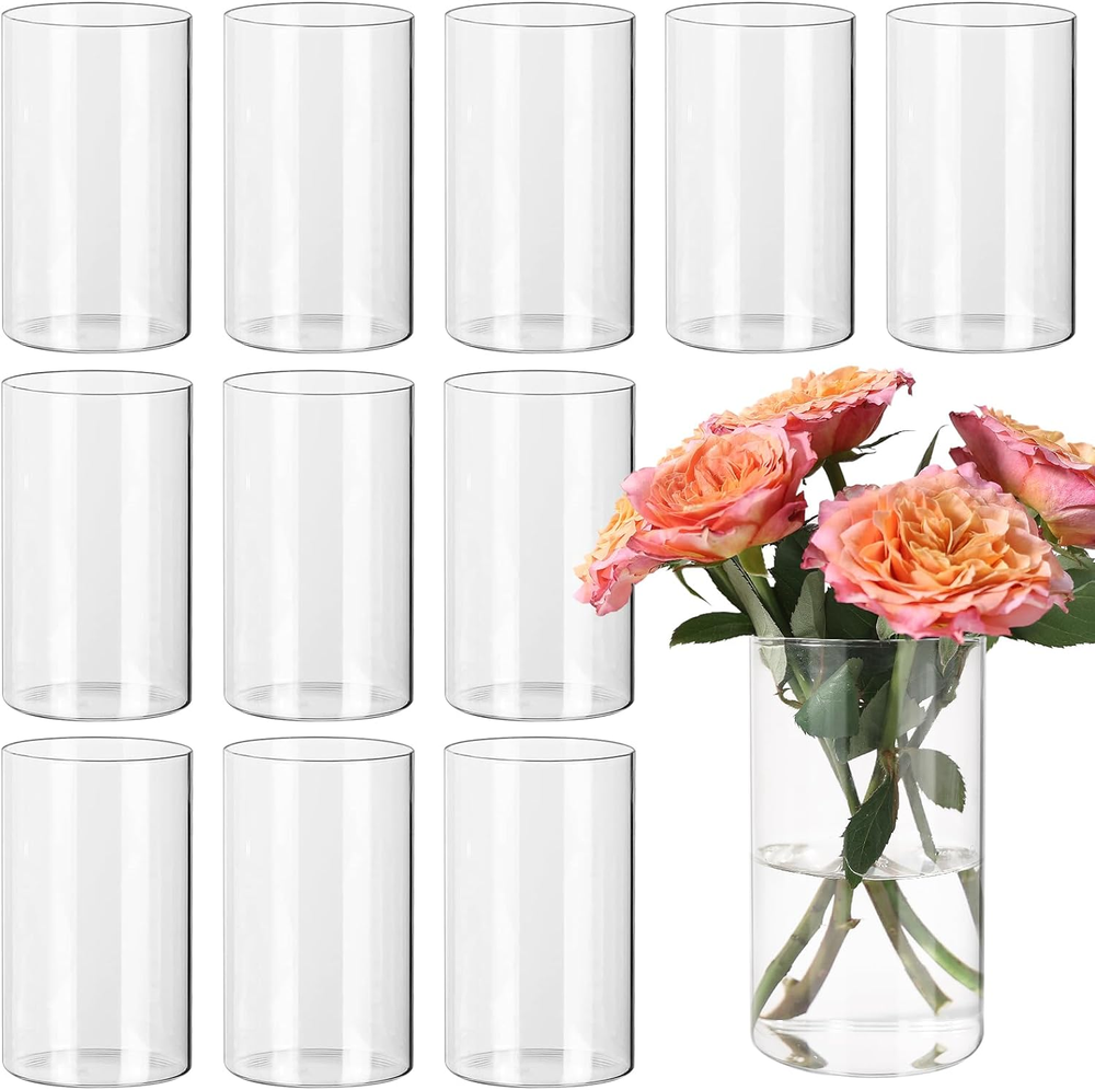 12-Piece Clear Glass Cylinder Vases for Weddings and Home Decor, 6-Inch