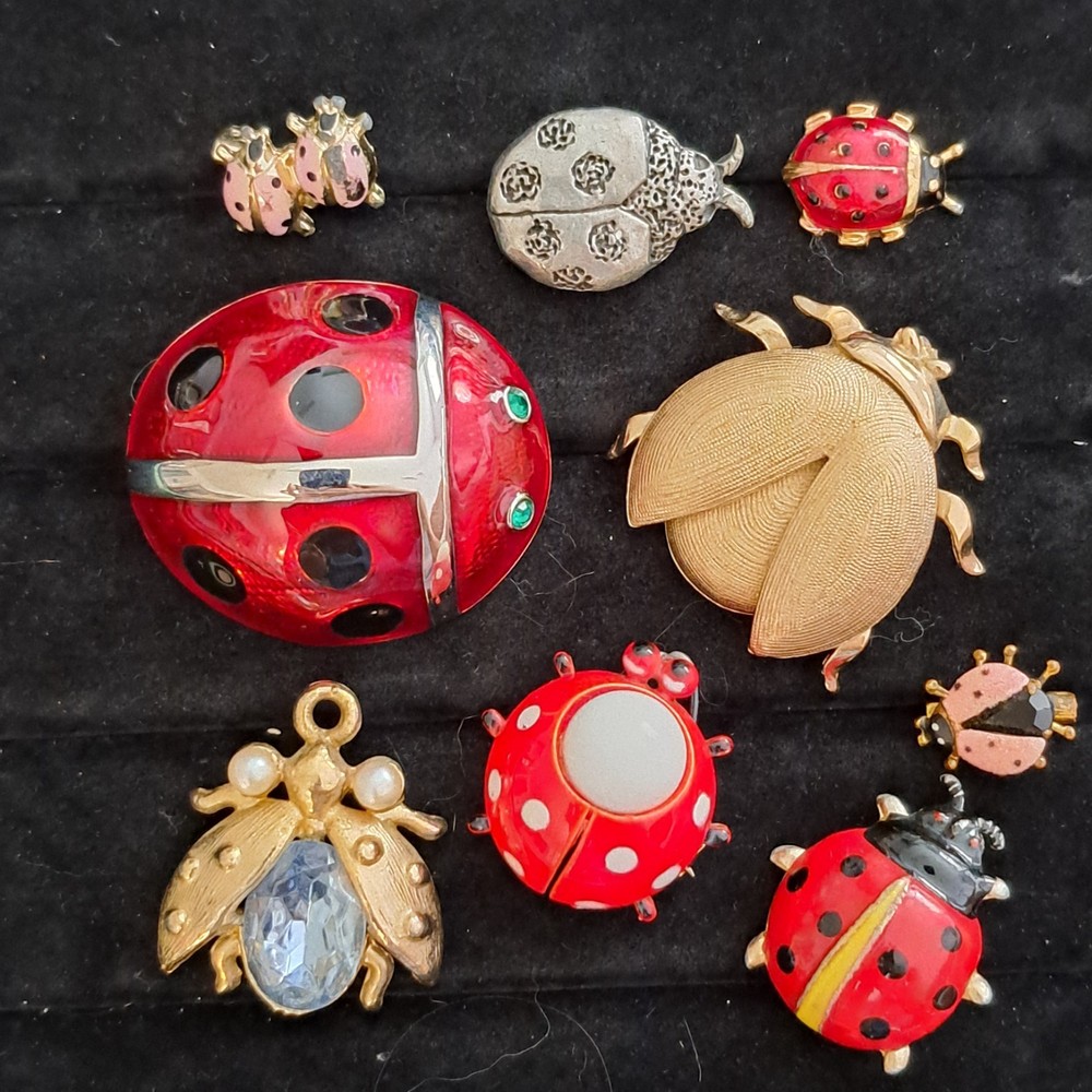 Vintage Rhinestone Ladybug Brooch Pin Lot of 9 with Pendant Cool Collection