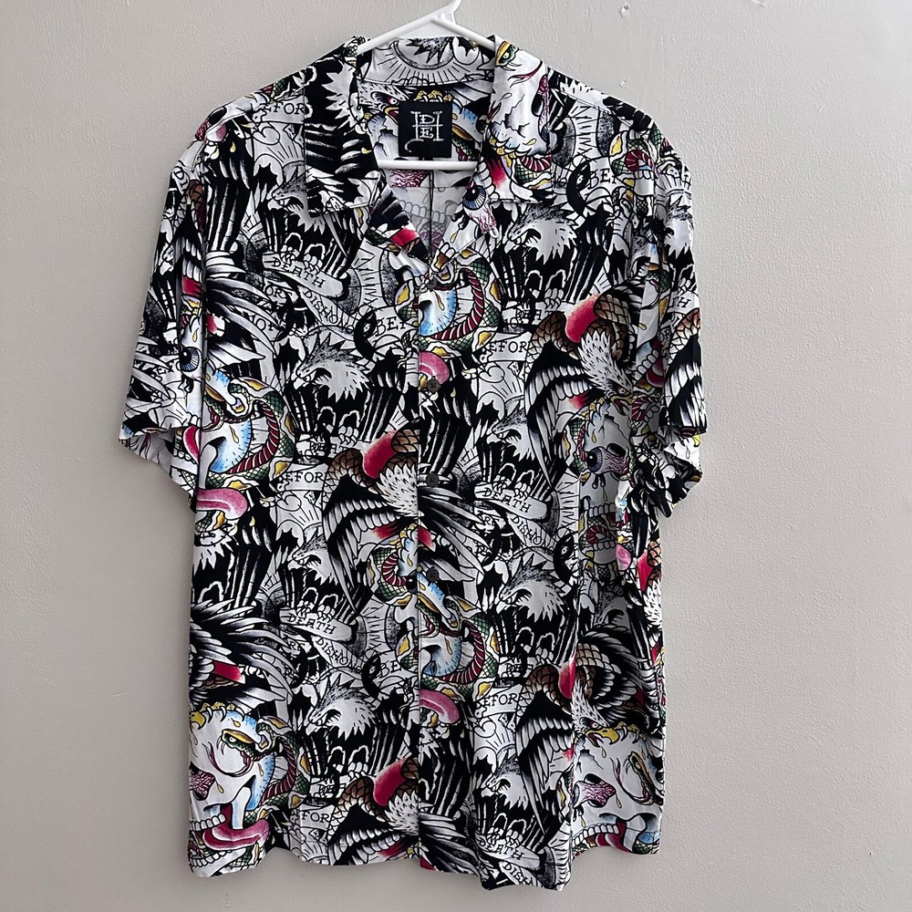 Ed Hardy Battle Skull Tattoo Print Camp Shirt Button Up Mens Large  