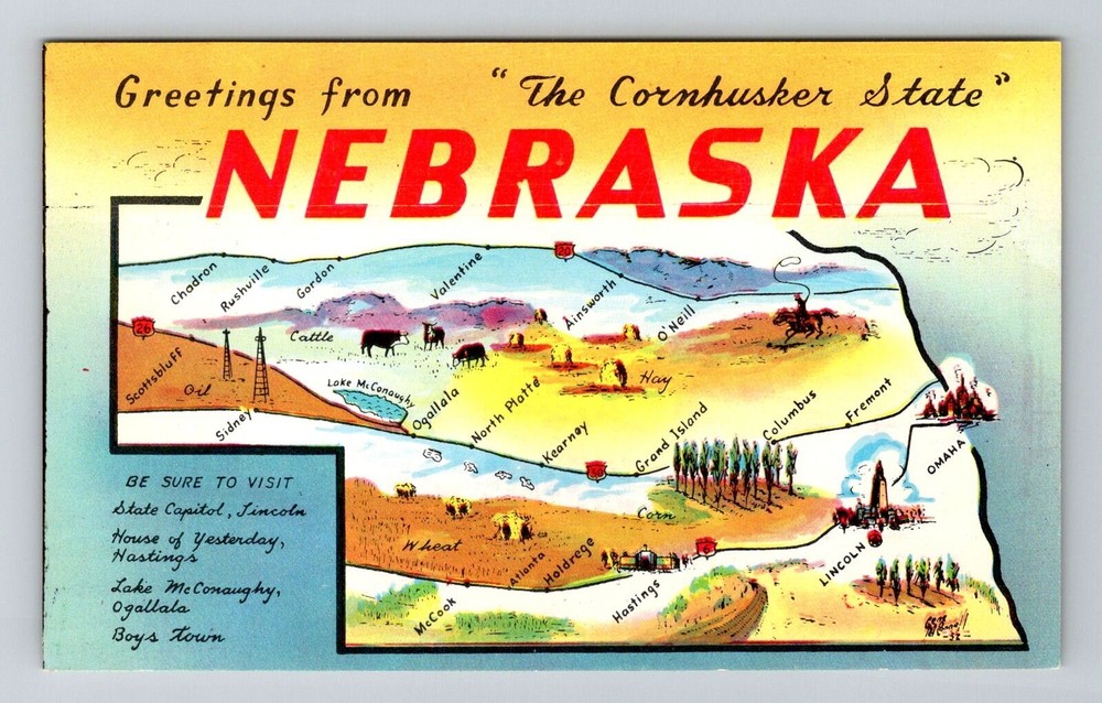 NE-Nebraska, General Map Greetings, Landmarks, Vintage Postcard