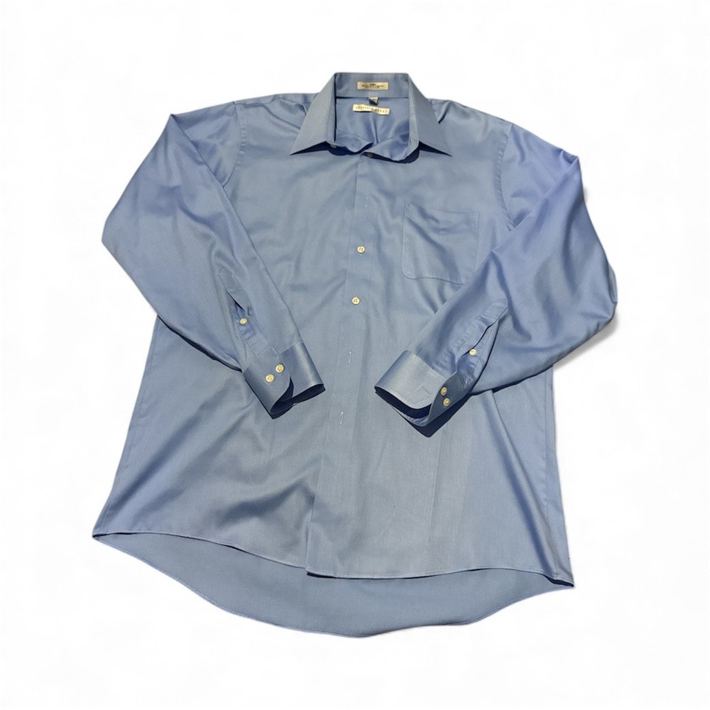 Geoffrey Beene Mens Blue Sateen Dress Shirt Wrinkle Free LS Button Up 16 34/35