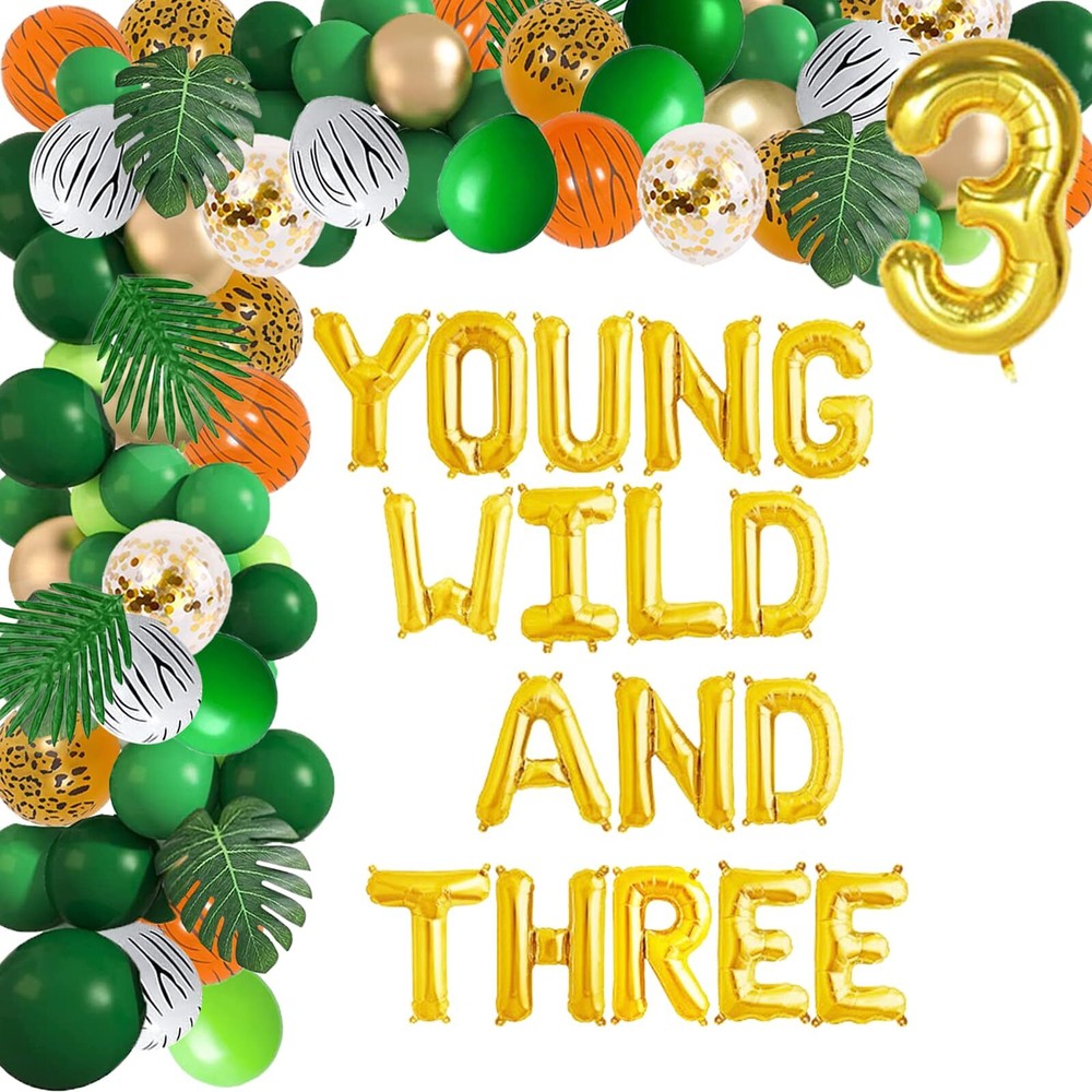 145 Pcs Safari Jungle 3rd Birthday Party Decorations Gold Young Wild And Thre...