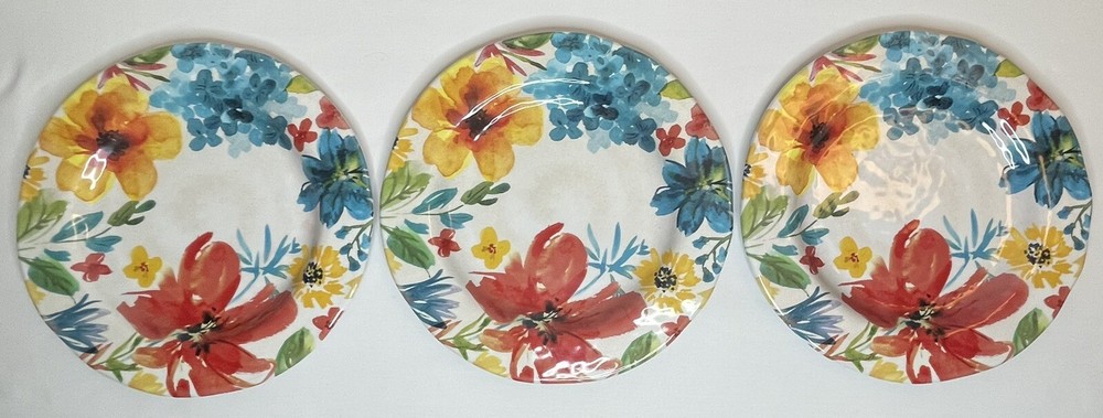 3 Pier 1 Imports Floral Salad Dessert Round Melamine Plates Garden Party 8.5”