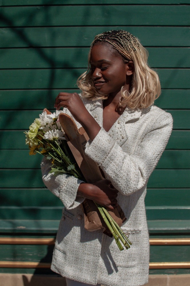 White Bouclé Double-Breasted Suit Jacket with Pearl Details, Women's Long Sleeve