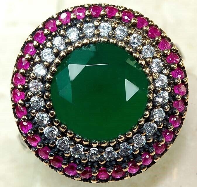 Vintage Ottoman-Inspired 4CT Emerald 925 Sterling Silver Ring Size 9  