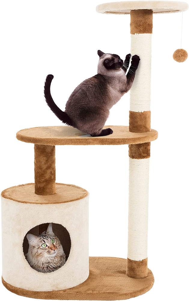 PETMAKER 37.5” 3-Tier Cat Tree Condo with Scratching Posts – Brown & Tan