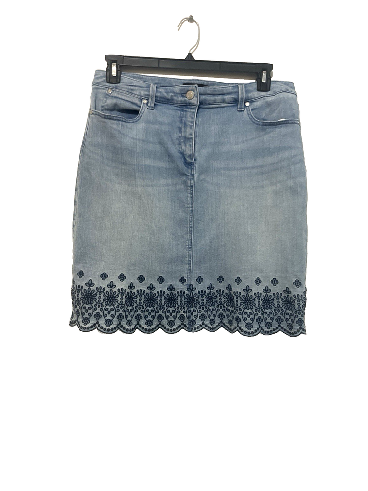 Talbots  Embroidered Detail A-Line Medium Wash Denim Jean Skirt Sz 10STRECH T8