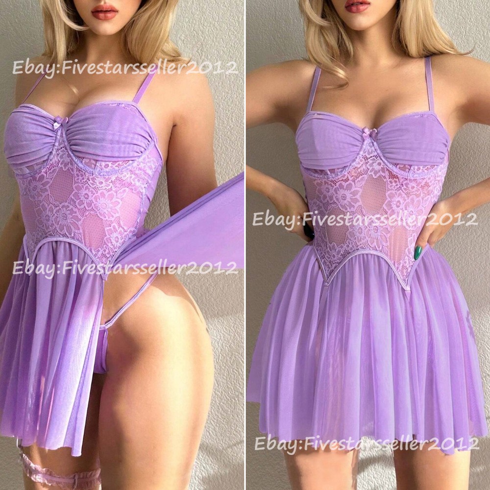 Sexy Lingerie Babydoll High-Slit Perspective Lace Panel Slip Dress Nightwear US