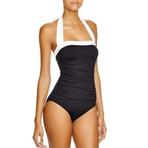 LRL Ralph Lauren One Piece Swimsuit Women 6 Black White Halter Ruched $125 NWT