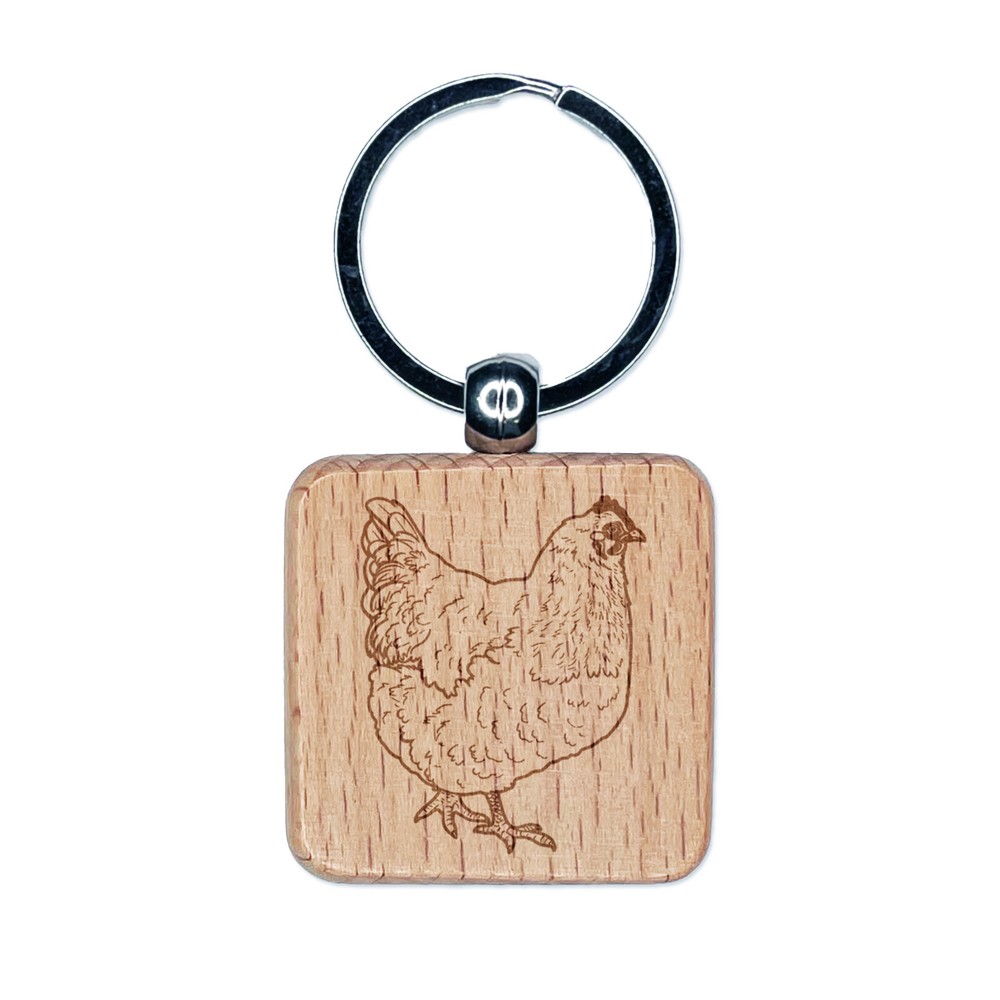 Plump Strutting Hen Chicken Engraved Wood Square Keychain Tag Charm