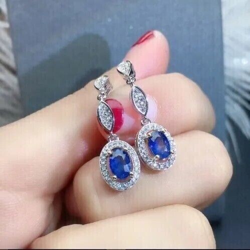 Oval Cut Simulated Blue Sapphire Drop/Dangle Earrings In 14k White Gold Plated
