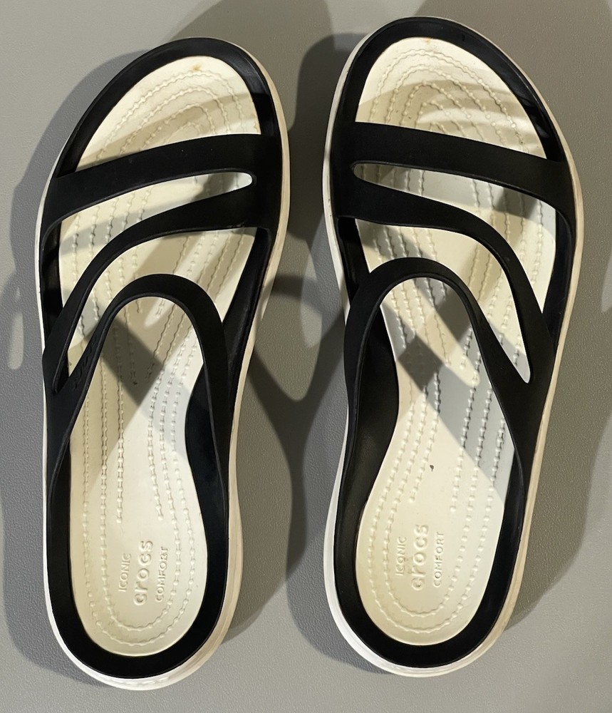 Crocs Swiftwater Sandals Strappy Iconic Comfort Slides Black White Womens Sz 9
