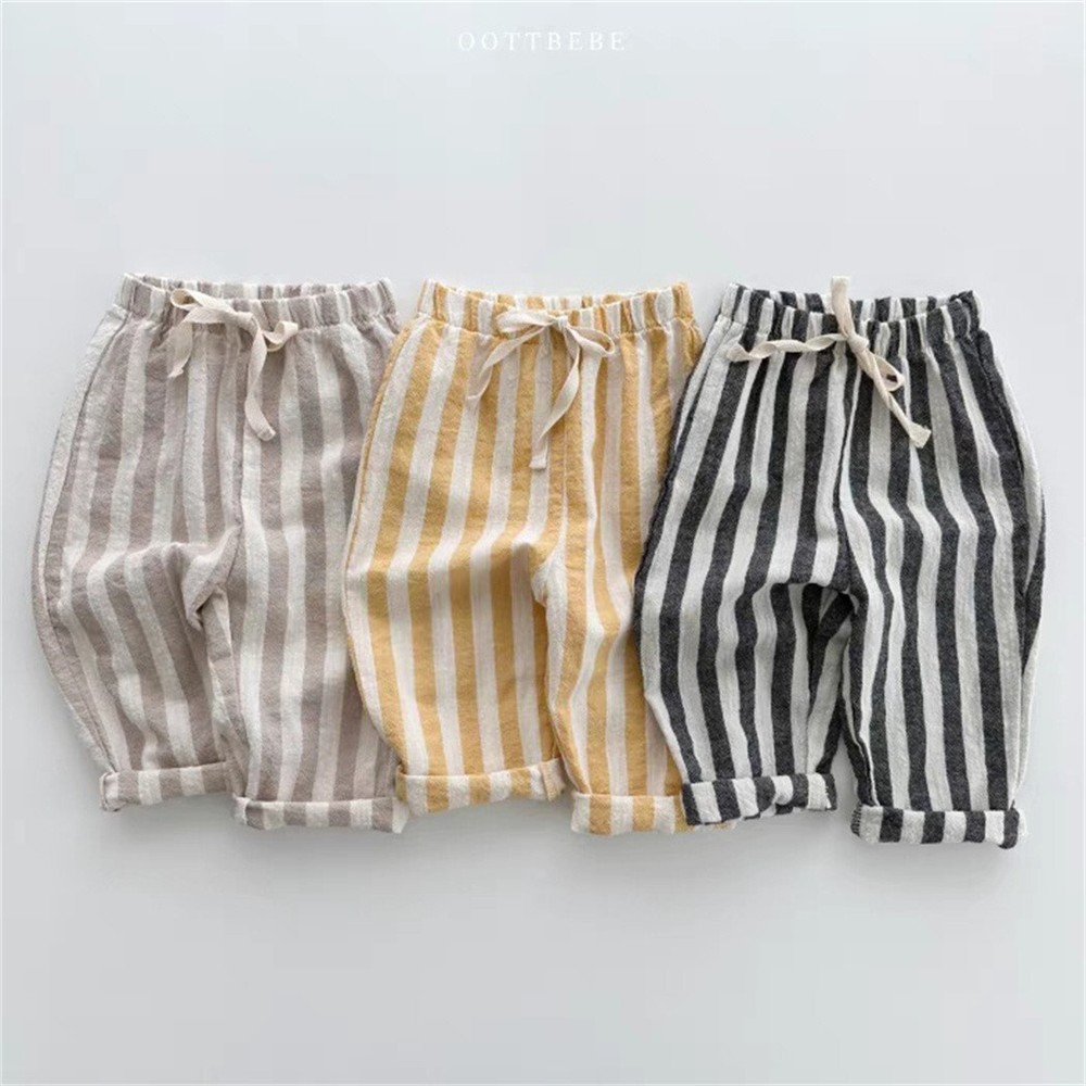 Vintage Linen Cotton Stripe Pants for Boys Casual Pocket Design Elastics Waist P