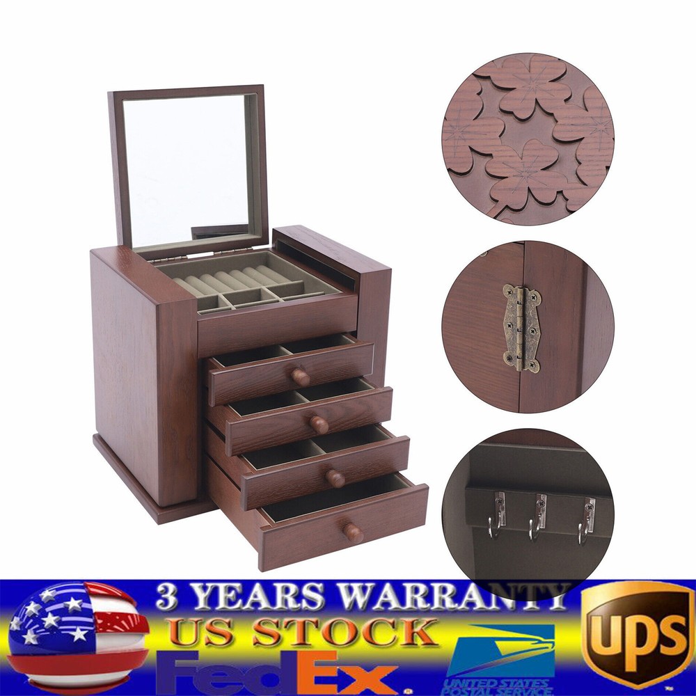 5 Layers Vintage Large Jewelry Organizer Wooden Storage Box Case with 4 Drawers