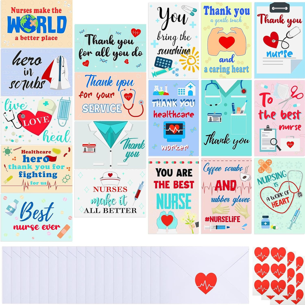 54 Pcs Thank You Cards for Nurses with Envelopes, Stickers Hospital Workers Appr