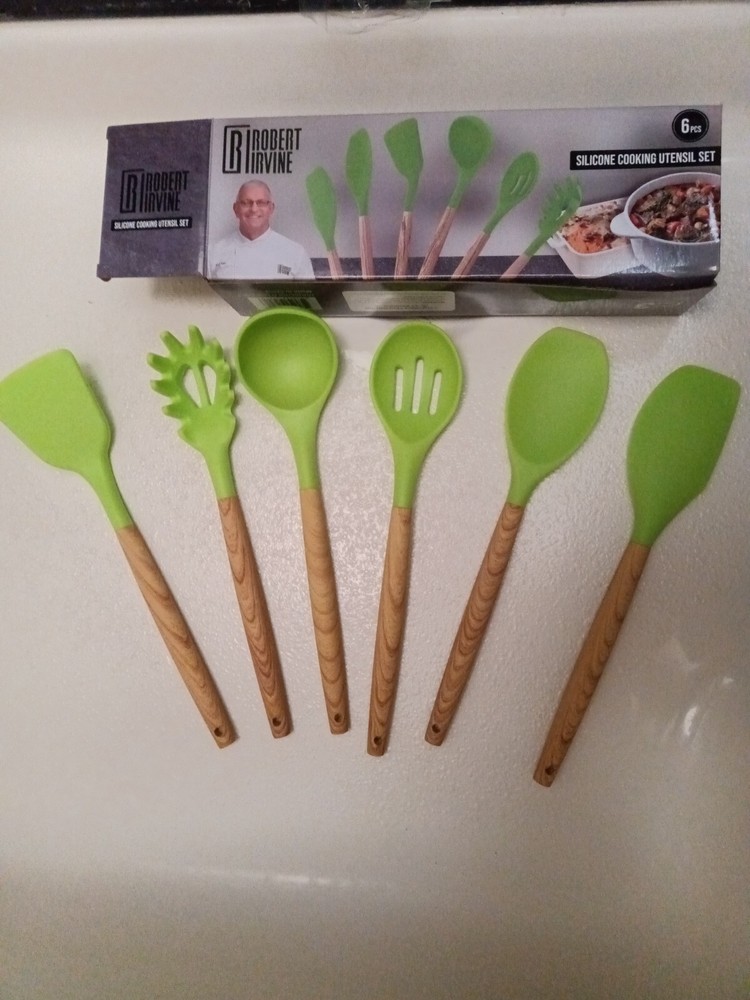 Robert Irvine Green Silicone Kitchen Cooking Utensil Set Wood Handle 6 Piece