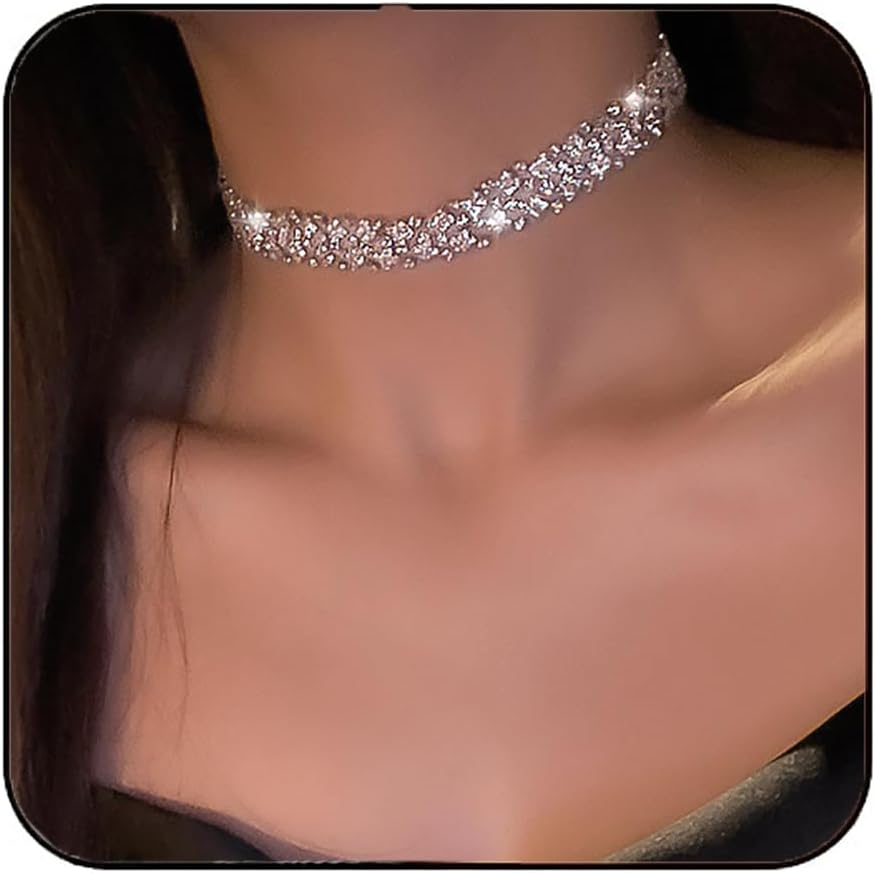 Sparkly Rhinestone Choker Necklace with Silver Crystals Chain