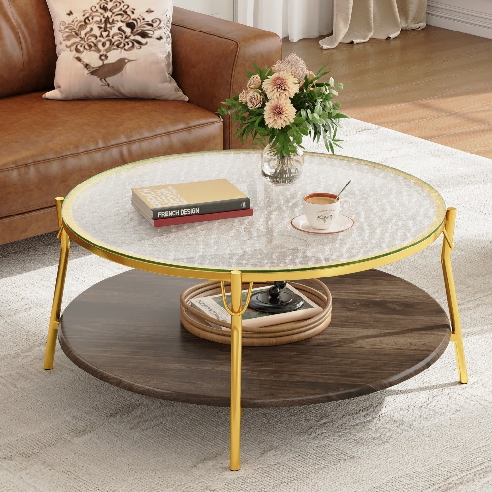 Modern Round 2-Tiered Coffee Table Glass Top Living Room 29.9in