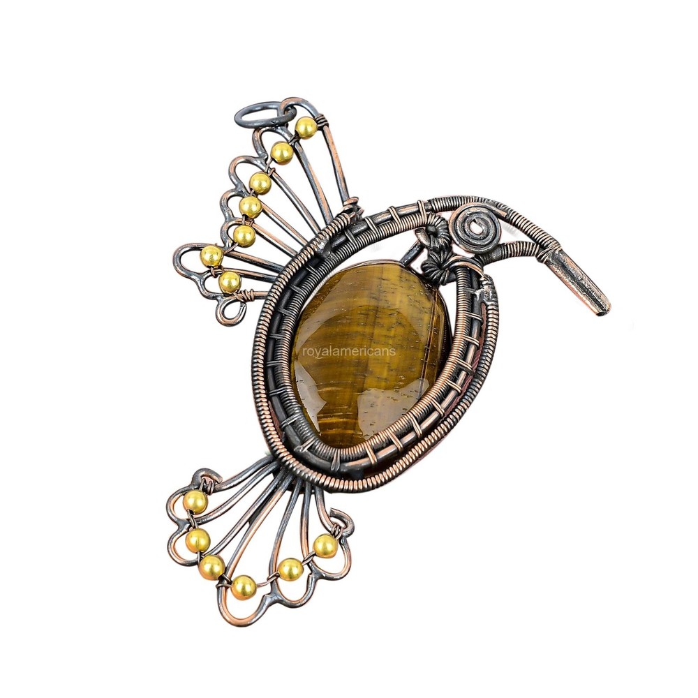 Oval Tigers Eye Gemstone Bird Pendant Jewelry in Copper for Mothers Day Gift-image
